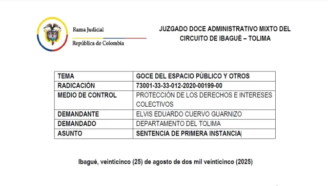 Goce del espacio público y otros, sentencia primera instancia que ordena recuperación de la vía Palobayo - Ambalema Tolima.