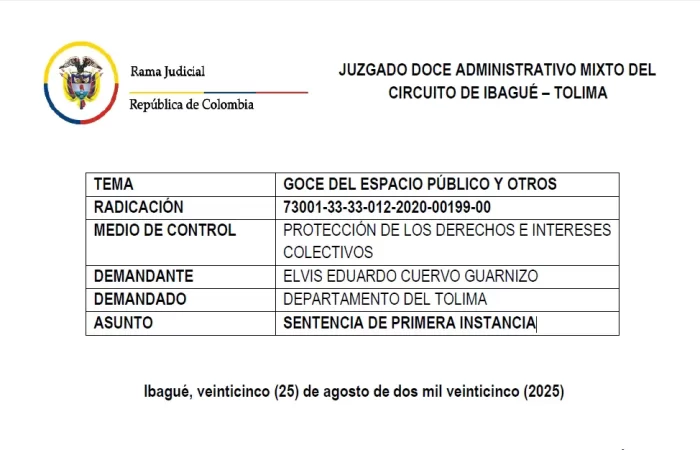 Goce del espacio público y otros, sentencia primera instancia que ordena recuperación de la vía Palobayo - Ambalema Tolima.