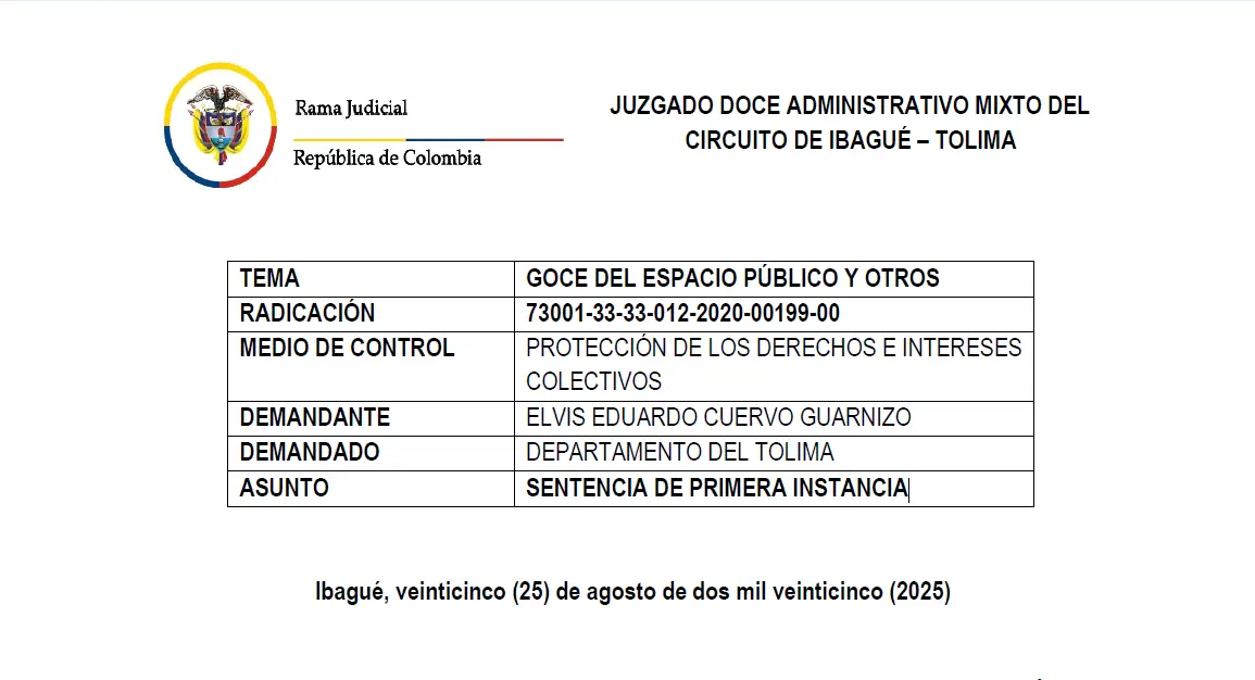 Goce del espacio público y otros, sentencia primera instancia que ordena recuperación de la vía Palobayo - Ambalema Tolima.